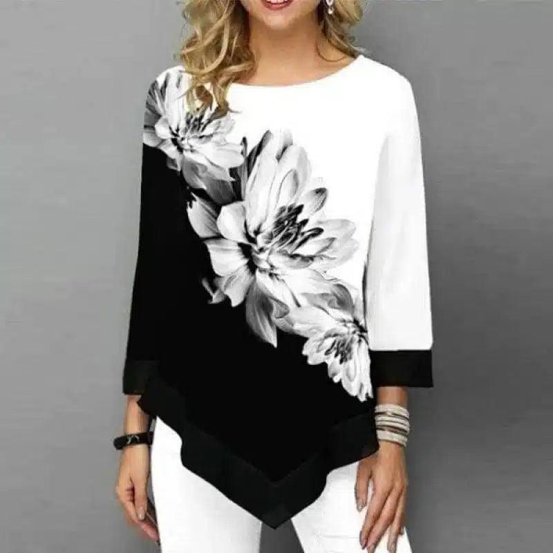 Floral Print Women's Asymmetrical Hem Top-Big flower black-5