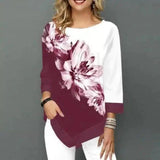 Floral Print Women's Asymmetrical Hem Top-Red wine-6