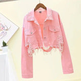 Women's denim short coat-Pink-4