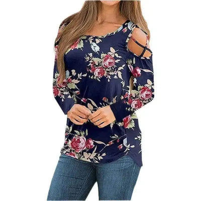 Women's Floral Cold Shoulder Long Sleeve Top-Navy-1