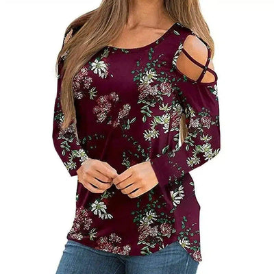 Women's Floral Cold Shoulder Long Sleeve Top-Red wine-4