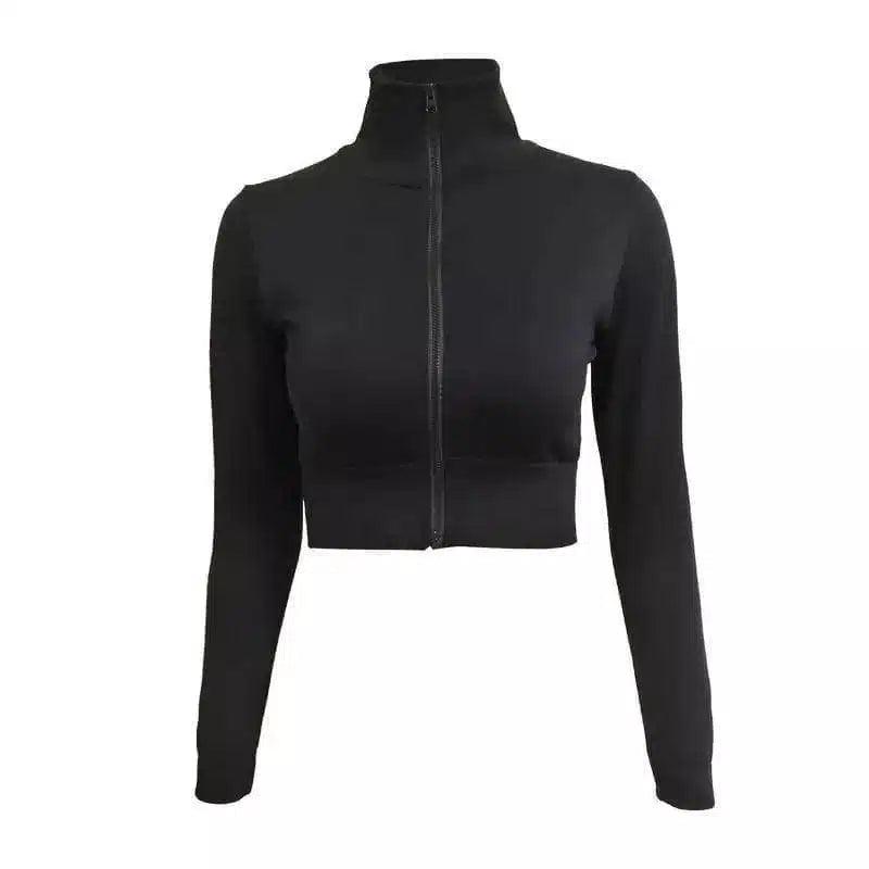 Women's High-Neck Cropped Zip-Up Jacket-Black-2