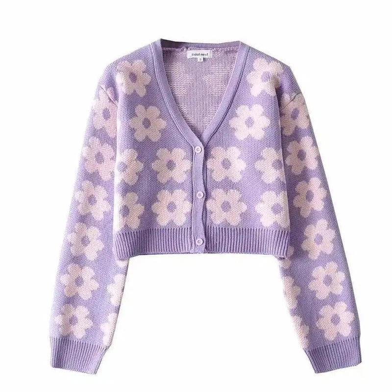 Women's Sweet Style Floral Print Knitted Cardigan-Purple-1