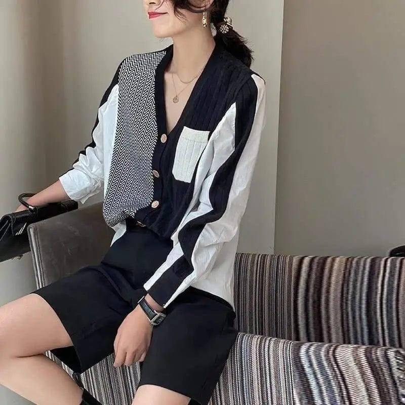 Women's V-neck Loose Shirt Fashion Knit Cardigan-Black-2