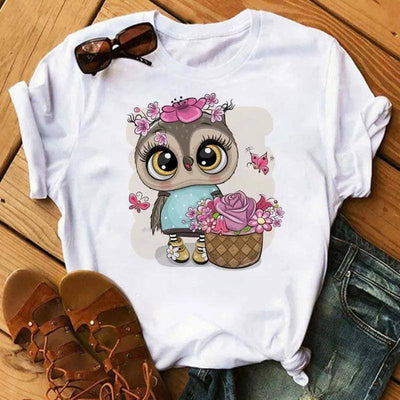 Maycaur Cartoon Owl Print T Shirt Women Kawaii Graphic-BT6633-2