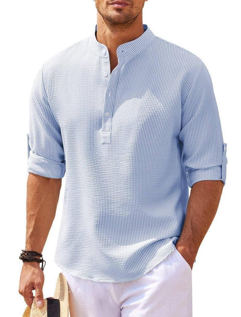 Men's Casual Shirt Long Sleeve Stand Collar Solid Color Shirt Mens Clothing Khaki / 5XL-Blue-7