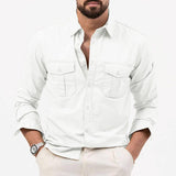 Men's Shirt Multi-pocket Solid Color Casual Long Sleeves Top-White-4