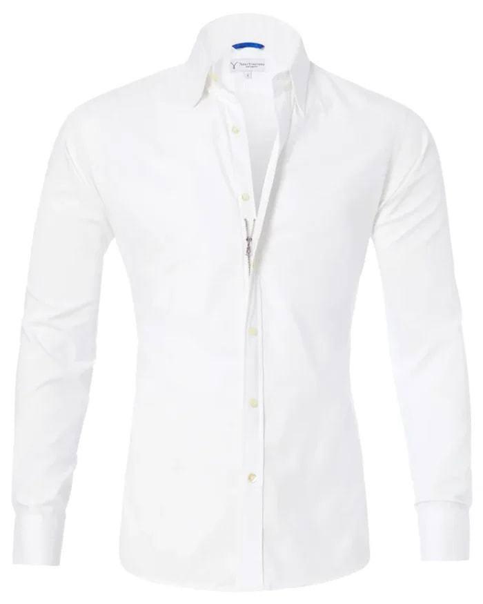 Men's Shirt Zipper Shirt Hidden Fake Button-White-3