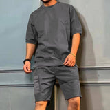 Men's Sports Suits Summer Round Neck Short-sleeved Top And-Dark Grey-4