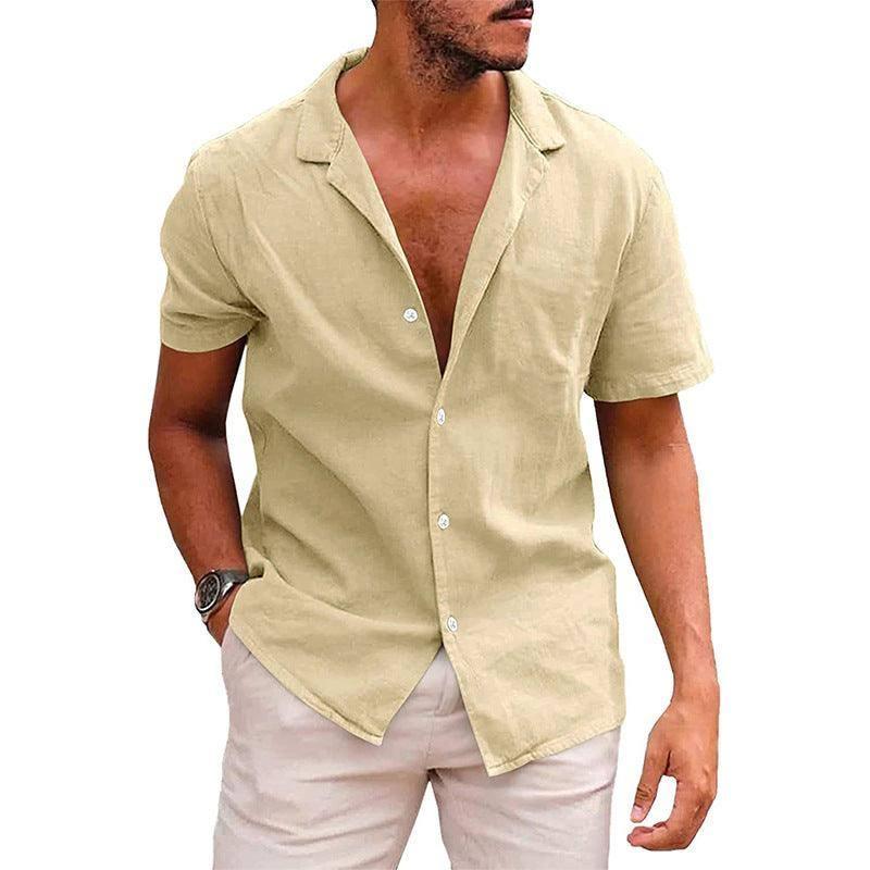 Men's Tops Casual Button Down Shirt Short Sleeve Beach Shirt-Khaki-10