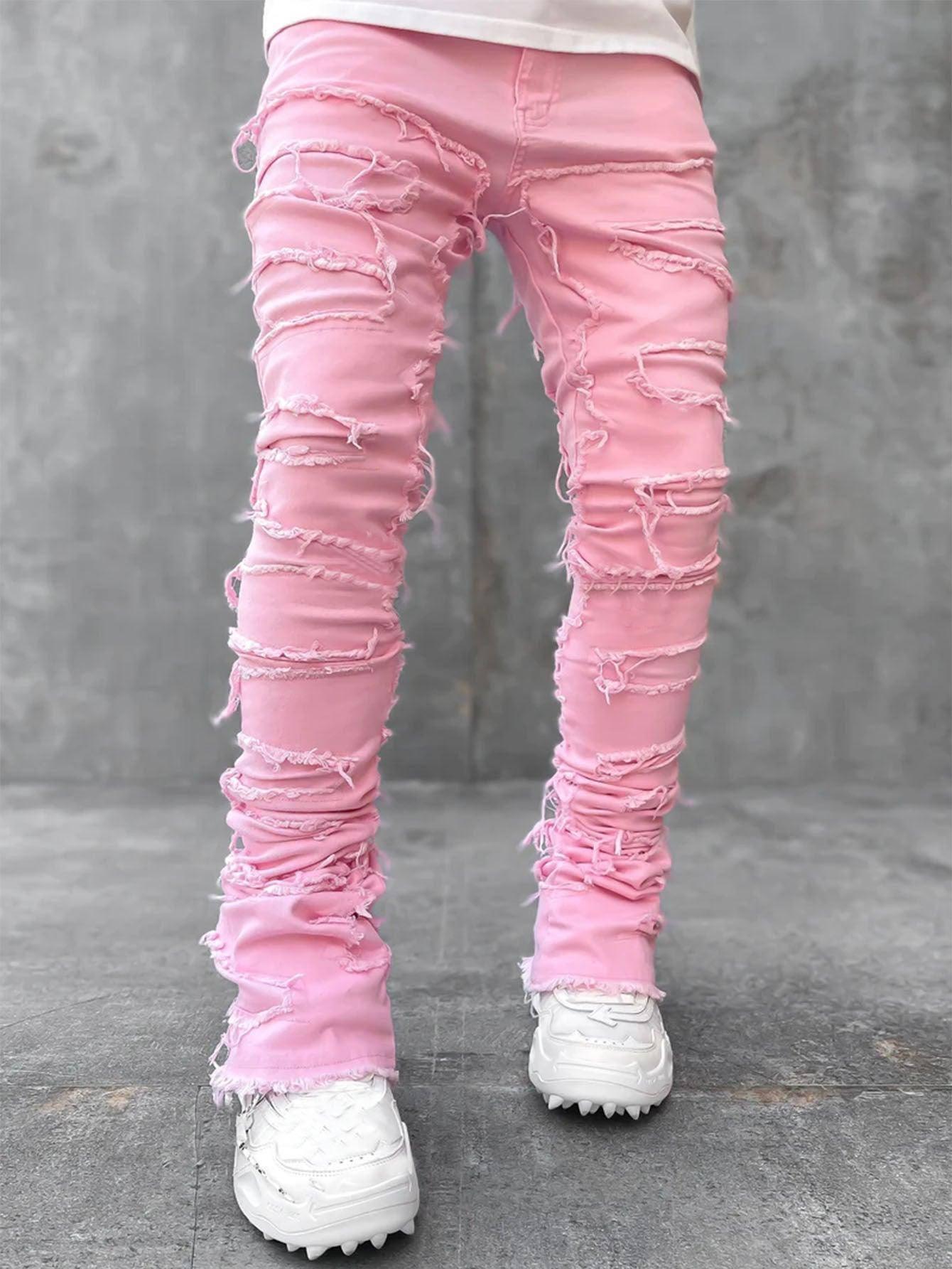 Men Trousers Individual Patched Pants Long Tight Fit Stacked-Pink-4