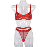 Mesh Stitching Ladies Sexy Lingerie Set-Red-3