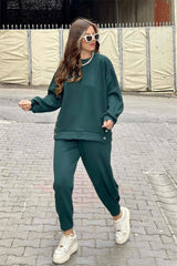 Metal Button Long Sleeve Shirt Sports Casual Ankle Banded Pants Suit-Green-5