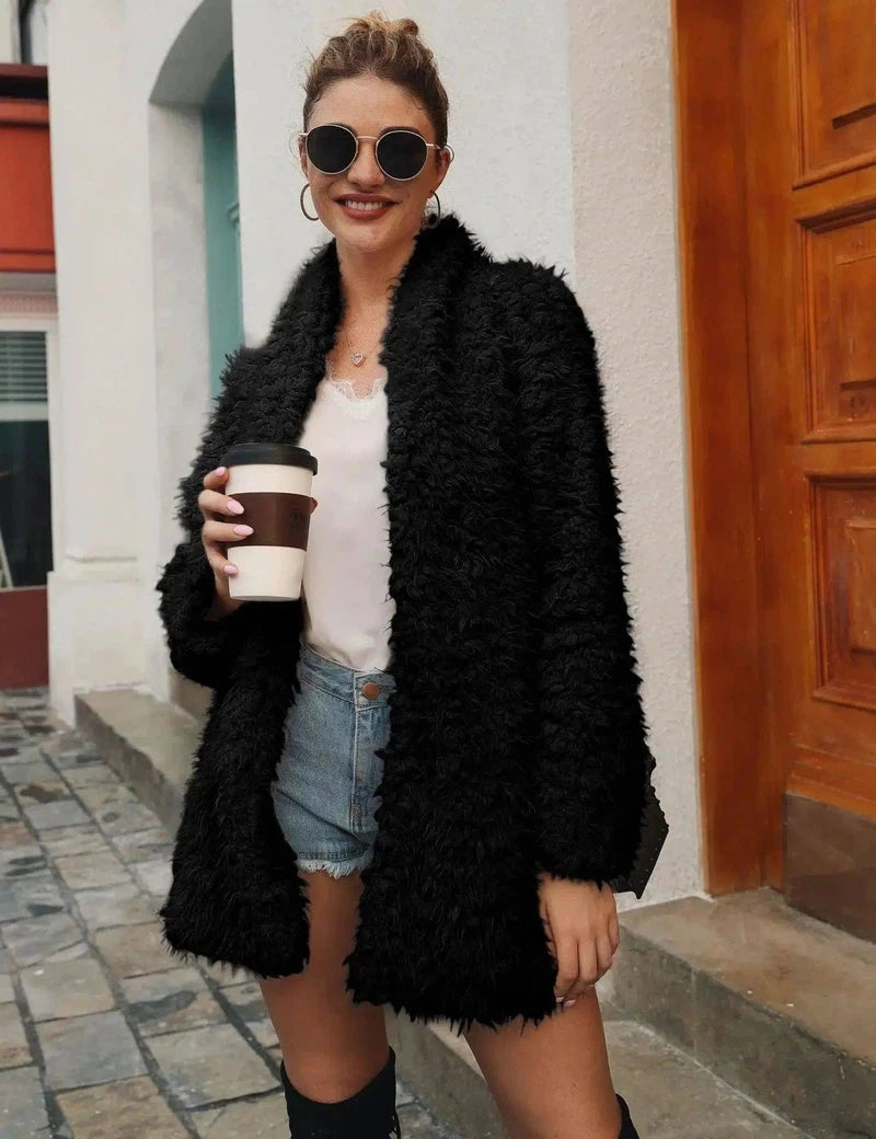 Mid-length faux fur fur long-sleeved jacket-Black-2