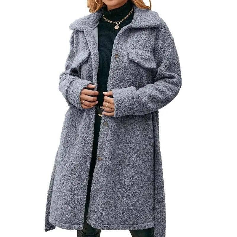 Mid Length Lapel Belted Single Breasted Plush Trench Coat-Bluegrey-3