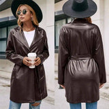 Mid-length Leather Western-lace Slim Long-sleeved Trench-8