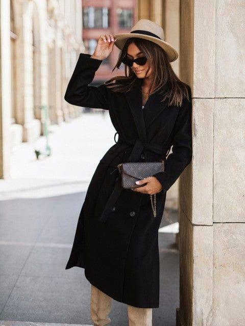 Minimalist Long Sleeve Suit Collar Strap Woolen Coat Women's-Black-3