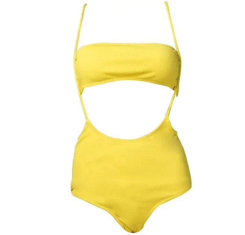 Ms. Split Swimsuit Solid Color Irregular Bib Bikini-Yellow-3