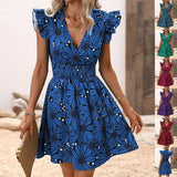 New Flowers Print Ruffled Sleeveless Dress Summer Deep-1