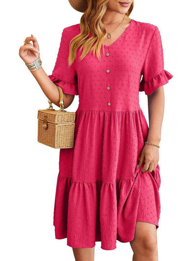 New V-neck Ruffle Short-sleeved Dress Summer Casual Fashion-Pink-2