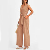 New V-neck Sleeveless Long Jumpsuit With Pockets And Lace-up-3