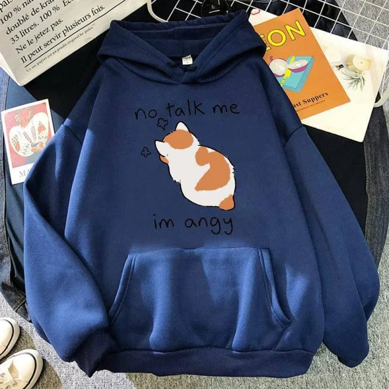 No Talk Me Cute Angry Cat Print Women Hoodie-DarkBlue-10