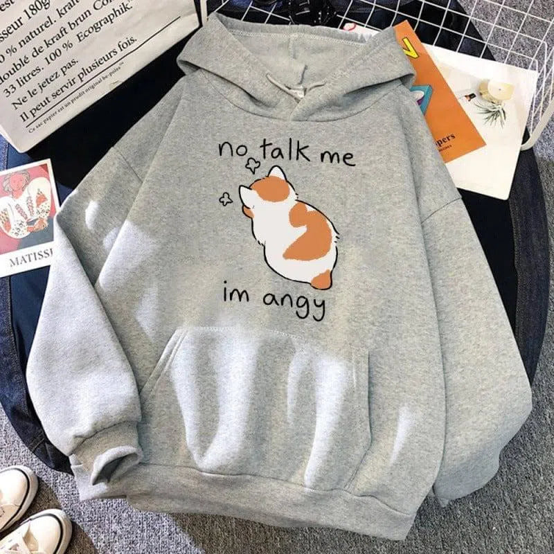 No Talk Me Cute Angry Cat Print Women Hoodie-Gray-1