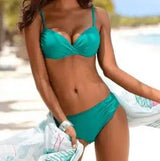 Non-collective swimsuit bikini multicolor solid color-Green-5