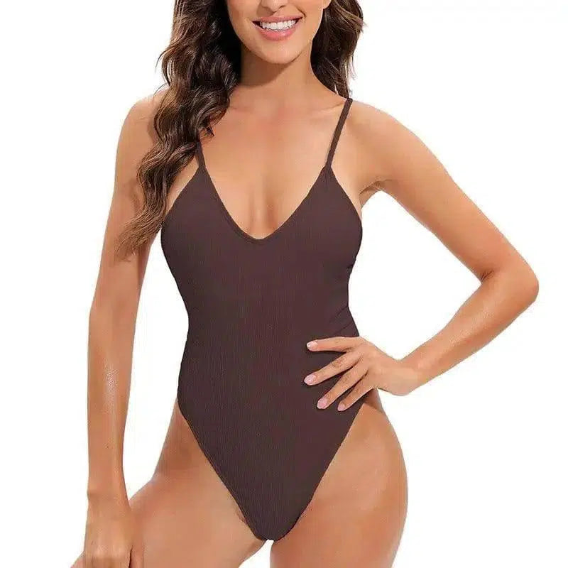 One Piece Swimsuit Bikini Crinkled Fabric V-Neck-Brown-3