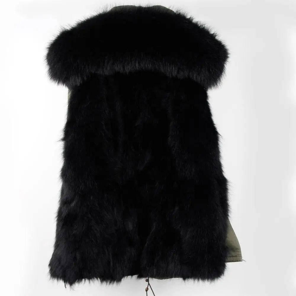 Oversized raccoon fur collar parka coat-Army green black-8