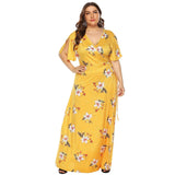 New 2021 summer plus size long dress for women large slim casual short sleeve flower print green V-neck dresses 3XL 4XL 5XL 6XL-Yellow-8