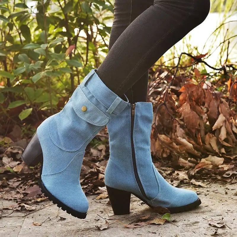 Plus Size High Heel Denim Mid Tube Women Boots-Light Blue-3