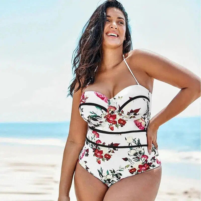 Plus size one-piece printed ladies swimsuit-White-1