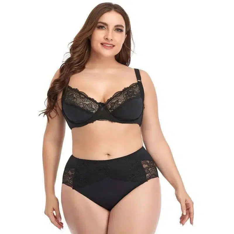 Plus Size Underwire Lace Trim Lingerie-Black-2