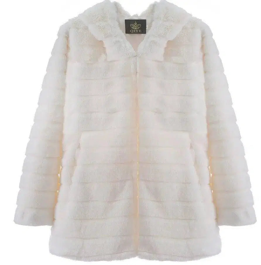 Plush padded hooded lady mink short fur coat-White-5