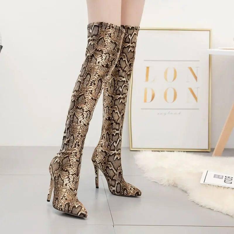 Pointed Print Stiletto Heel Over The Knee Stretch Boots-3