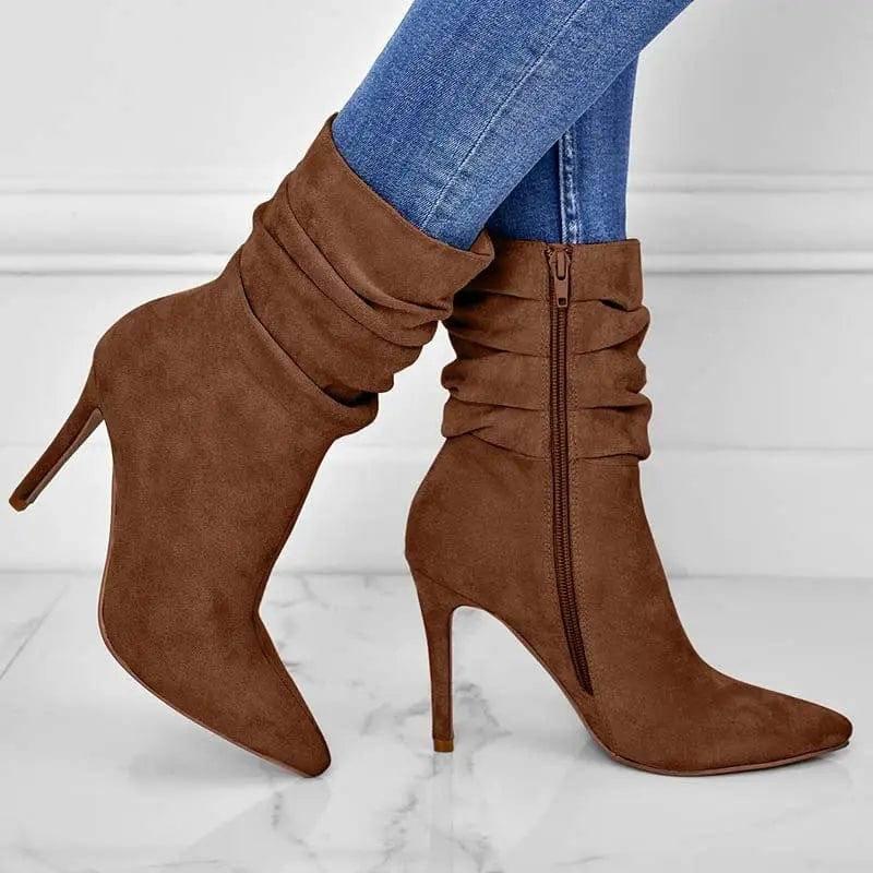 Pointed Toe Stiletto Heel Ankle Boots For Women Side Zipper-Brown-1