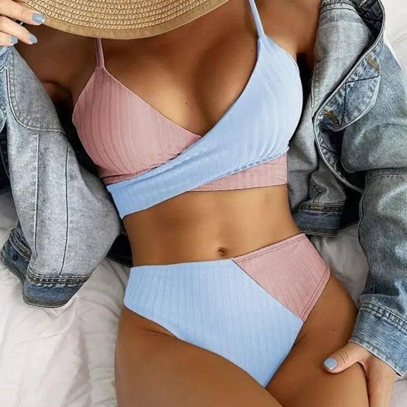 Polyester Bikini Stripe Split Ladies Swimwear-Blue-2