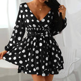 Popular New Waist V-Neck Polka Dot Polka Dot Mini Dress-Black-3