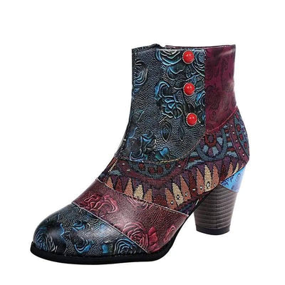 Print Ankle Boots Chunky Mid Heel Boots Women Side Zipper-Green-10