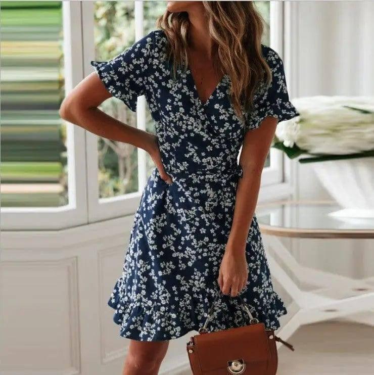 Printed V-Neck Tie High Waist Chiffon Floral Dress-DarkBlue-1