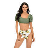 Puff Sleeve One-Line Neck Swimsuit High Waist Tie Bikini-Sunflower-8