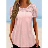 Pullover Round Neck Lace Patchwork Short-sleeved T-shirt-Pink-7