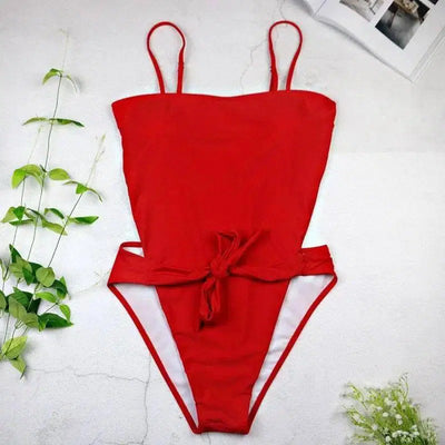 Pure Color European And American Bikini Beach Vacation-Red-2