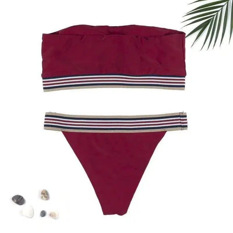 Pure color tube top split bikini swimsuit multicolor bandage-Claret-2