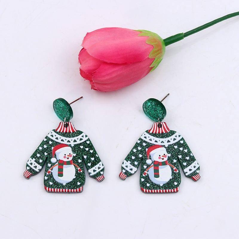 Red Sweater Christmas Earrings Cute Elk Female-Snowman Green Sweater-3