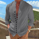 Retro Button Design Long-sleeved Shirt Men's Casual Loose-Grey-4