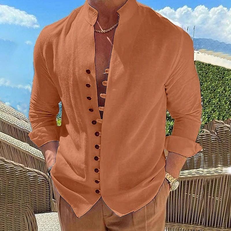 Retro Button Design Long-sleeved Shirt Men's Casual Loose Top Mens Clothing-Orange-8