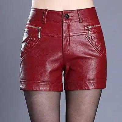 LOVEMI - Retro high waist slim slim straight casual pu leather shorts