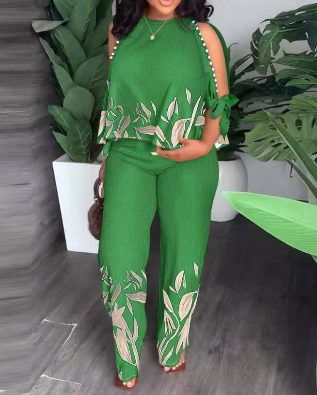 Round Neck Raglan Half Sleeve Beaded Positioning Printed Trousers Suit-Green-6